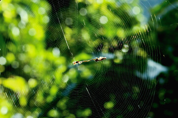 A spiderweb suspended in a lush green environment. The web serves as a trap for prey and a shelter...