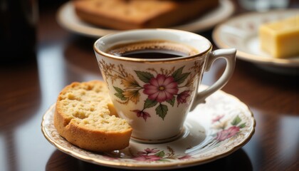 Roast and Bake Moments. A delicate floral teacup filled with coffee, accompanied by a slice of bread, set against a warm, inviting table with additional baked goods.