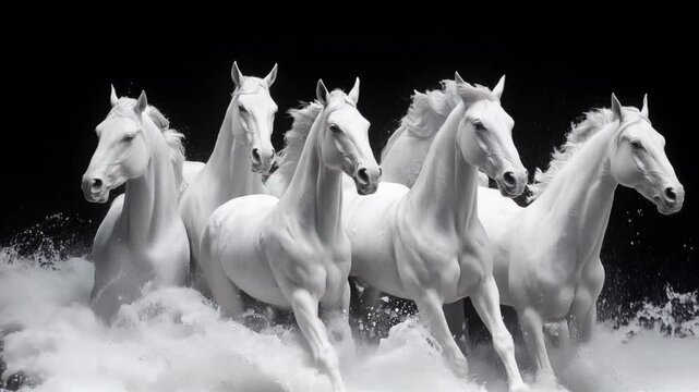 Five magnificent white horses run powerfully through crashing ocean waves, their manes and tails flying, 4k hd Quality.