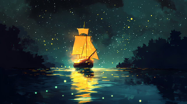 A glowing ship amidst a starry night sky and reflective waters. Twilight Horizon Glow. Illustration