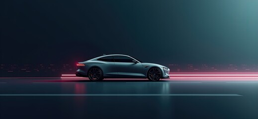 Obraz premium Stylish sports car on a sleek, illuminated surface with a dynamic background, emphasizing luxury and performance.