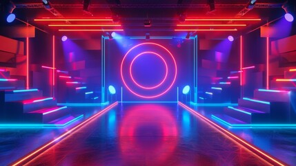 Obraz premium Neon Lights Stage Futuristic Red Blue Expo Design 3D Render