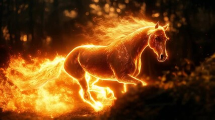 A fiery horse, rendered in blazing lines of light, gallops through a dark forest. Its mane and tail stream like flames, leaving a trail of fire in its wake, 4k hd Quality.