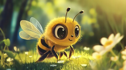 A cute cartoon bee with large eyes, standing in a field of flowers.