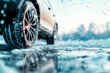 Winterreifen auf einer verschneiten Fahrbahn, Unterwegs bei Eis, Regen und Schnee mit dem Auto, Closeup eines Autos mit Winterreifen bei schlechtem Wetter