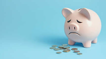 A sad piggy bank surrounded by coins, symbolizing financial struggle and the importance of saving money.