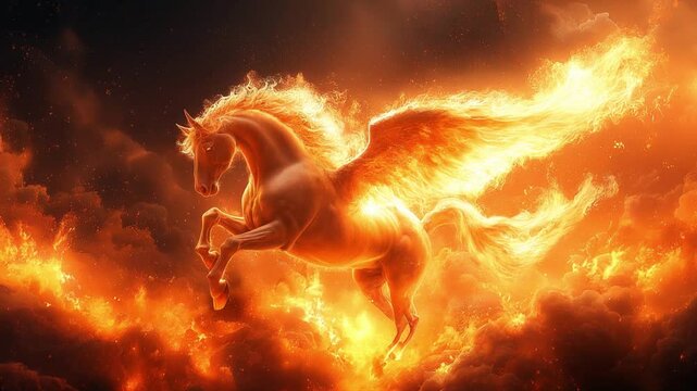 A majestic winged horse, engulfed in flames, leaps through fiery clouds. Its mane and tail blaze, wings alight, creating a breathtaking celestial scene, 4k hd Quality.