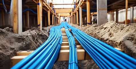 Photo of blue industrial cable management in a construction site, with long cables on a wooden frame and wood beams in an underground trench for optical fiber cables.