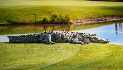 "An Alligator Basks at the Water's Edge on a Golf Course"