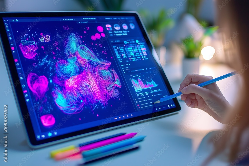 Poster designer holding a digital drawing tablet with a vibrant design displayed.