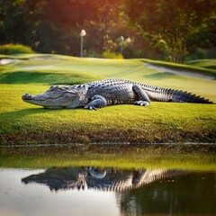 "An Alligator Basks at the Water's Edge on a Golf Course"