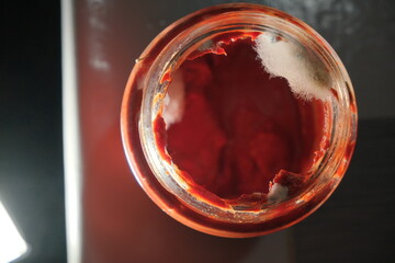 An open can of tomato paste overgrown with white mold inside.