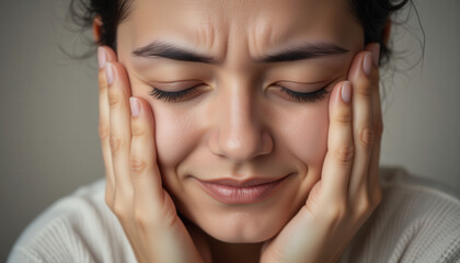 Recognize Symptoms. A woman expresses distress, holding her face with a pained expression, reflecting feelings of anxiety or stress.