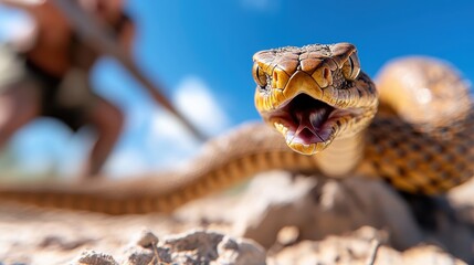 A captivating image shows a snake with its mouth open wide in a desert scene, where a blurred human figure appears engaged in a high-stakes encounter.