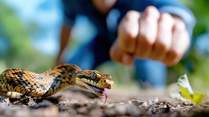 A dynamic image captures a snake poised to strike in an outdoor setting, its forked tongue visible, as a blurred human figure looms over the scene, adding suspense.