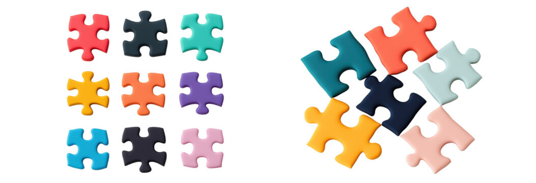 Colorful puzzle pieces arranged creatively for fun and entertainment. transparent background.