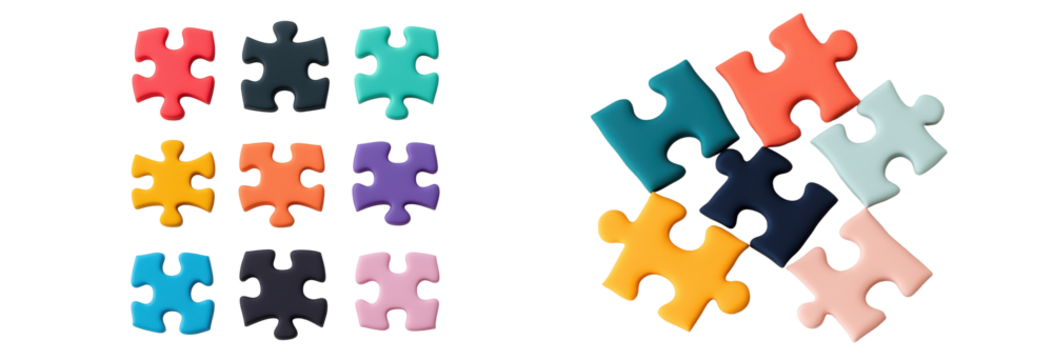 Colorful puzzle pieces arranged creatively for fun and entertainment. transparent background.