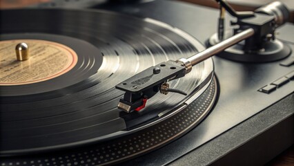 Classic vinyl record spinning on turntable in cozy home setting during afternoon