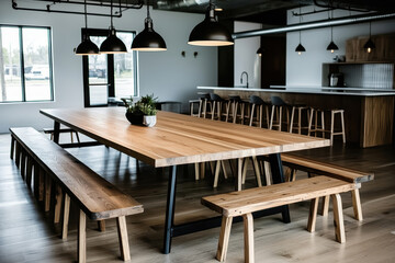 Modern dining area featuring a large wooden table, benches, and stylish pendant lights, perfect for gatherings and meals.