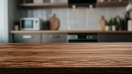 Smooth Brown Wooden Tabletop Set Against a Blurred Modern Kitchen Interior