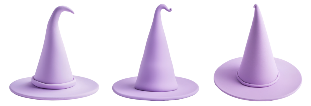 Three playful purple witch hats showcasing different angles and styles. transparent background. - Powered by Adobe
