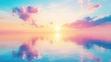 Fototapeta premium Pastel sunset over calm ocean; sky and water reflect vibrant hues.