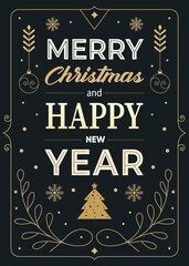 Happy New Year greeting card design with xmas tree and decoration