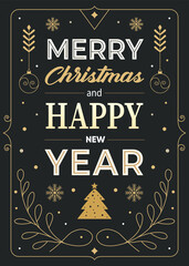 Happy New Year greeting card design with xmas tree and decoration