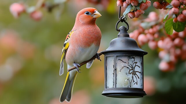 A vibrant male rosefinch perches on a branch near a hanging lantern, amidst pink berries and blurred foliage.