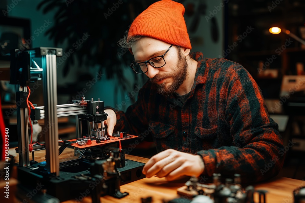 Poster Portrait of a tech enthusiast assembling a 3D printer.