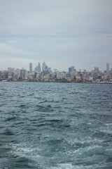 Naklejka premium ISTANBUL TURKEY, Istanbul landscape , cityscape, urban view of europe side of the city. business towers, buildings, coastal line, daily life