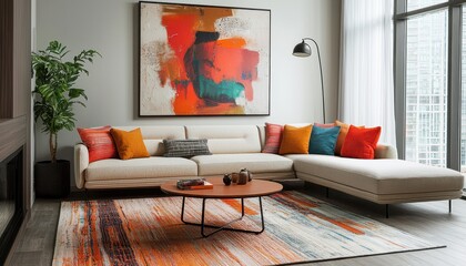 Contemporary Living Room with Abstract Art and Colorful Accents