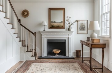 Fototapeta premium Stylish and Inviting Living Room with Elegant Decor Features a Fireplace, Stairs, Art Pieces, and Warm Lighting in a Bright and Airy Atmosphere