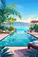 Fototapeta premium Stylish Rooftop Pool with Lush Palm Trees and Scenic Mountain View