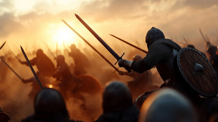 Fototapeta premium Vivid Depiction of a Medieval Battlefield During Sunset with Warriors and Cavalry