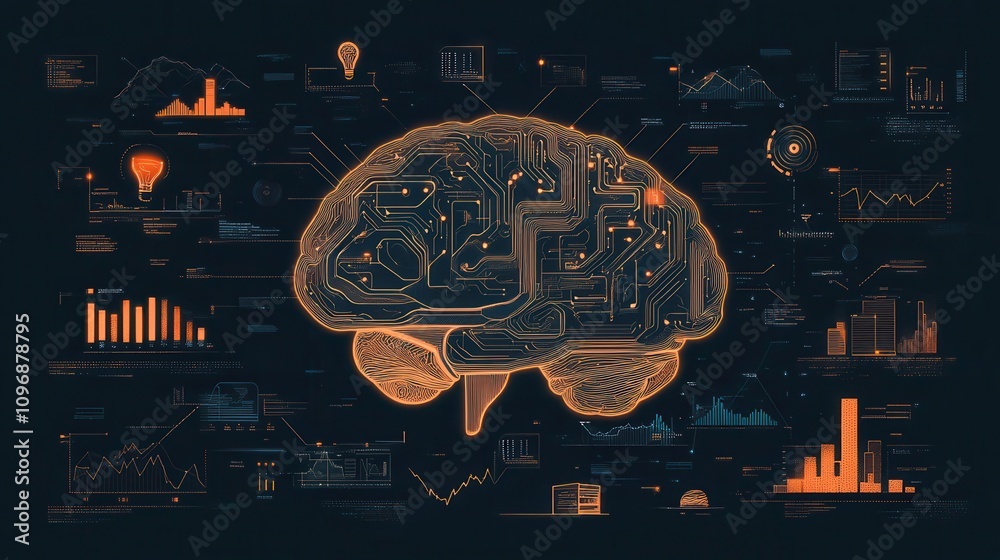 Aufkleber A digital illustration of a brain with circuit patterns, surrounded by data visualizations and graphs, representing artificial intelligence and data analysis.