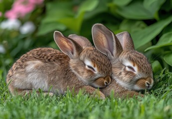 Fototapeta premium Two Adorable Rabbits Resting Together on a Soft Green Grass Surrounded by Colorful Flowers in a Peaceful Garden Setting