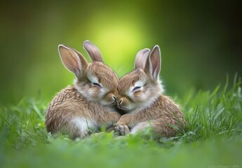 Fototapeta premium Two Adorable Young Rabbits Cuddling in a Lush Green Meadow with Soft Lighting and a Dreamy Background for Nature and Animal Lovers