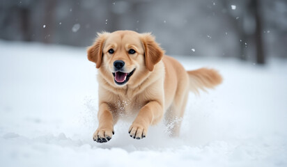 golden retriever runs quickly deep snow today outside big smile face