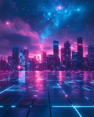 Obraz premium Futuristic city skyline glowing in neon blues and pinks, starry night sky with a digital grid overlay