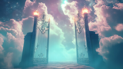 Heavenly gates glowing with iridescent light surrounded by silver clouds.