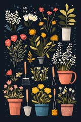 Gardening icons tools and potted plants, vibrant tones on dark background, playful and minimalistic illustration