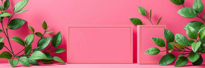 3D modeling of cards with pink background and green leaves in a luxurious packaging design, premium, luxury brand, custom