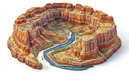 Grand Canyon illustration with a winding river and layered red rocks isolate white background