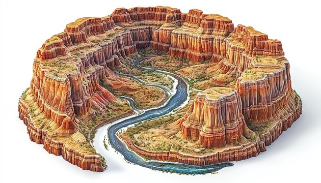 Grand Canyon illustration with a winding river and layered red rocks isolate white background