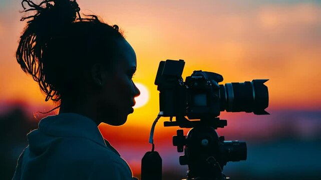 A Black woman photographer captures a vibrant sunset, evoking creativity and tranquility, ideal for World Photography Day - Powered by Adobe