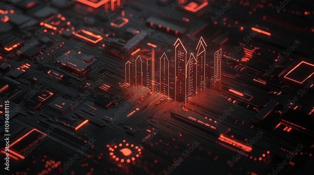 Poster a futuristic digital landscape featuring glowing orange arrows and circuitry, symbolizing data and t