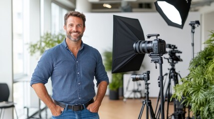 A male photographer stands confidently in a studio setting, surrounded by camera equipment. His pose signifies professionalism, expertise, and a passion for photography.