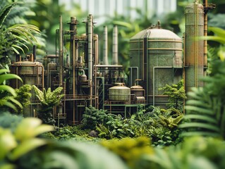 Fototapeta premium Industrial plant surrounded by greenery, realistic diorama style, Eco industrial contrast