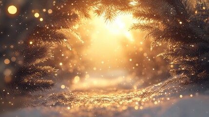 Naklejka premium Snowy forest path with fir branches and bokeh lights for new years